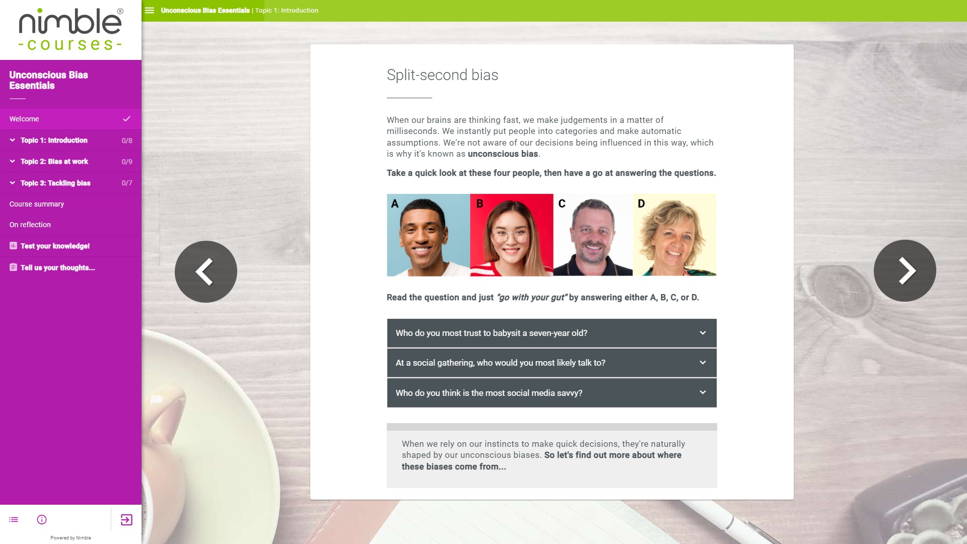 Screenshot from one of the pages in the Unconscious Bias Essentials course from Nimble Elearning. Shows course content and the menus needed to move through the course.